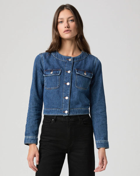 round neck dark blue denim jacket with silver buttons, 2 flap buttoned pockets and cropped fit
