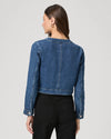 round neck dark blue denim jacket with silver buttons, 2 flap buttoned pockets and cropped fit rear view
