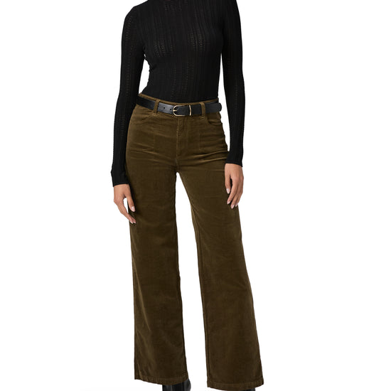 khaki green wide leg velvet style jeans with stitch pocket detailing model shot