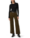 khaki green wide leg velvet style jeans with stitch pocket detailing model shot