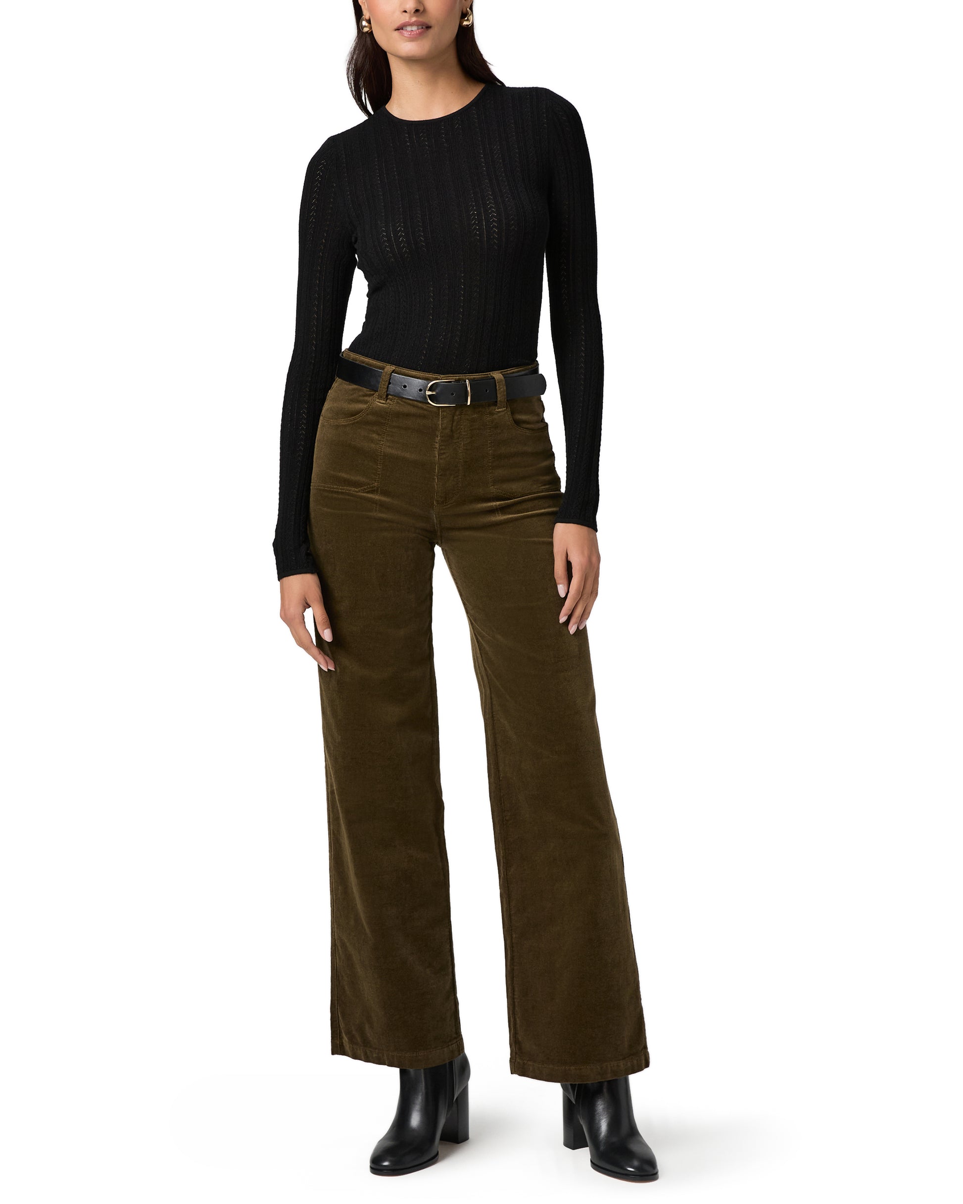 khaki green wide leg velvet style jeans with stitch pocket detailing model shot
