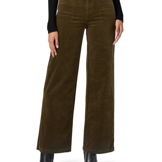 khaki green wide leg velvet style jeans with stitch pocket detailing