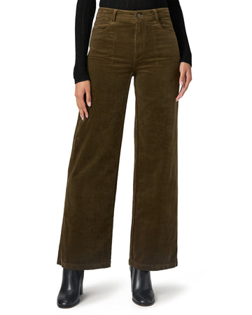 khaki green wide leg velvet style jeans with stitch pocket detailing