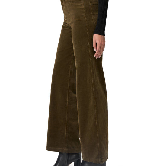 khaki green wide leg velvet style jeans with stitch pocket detailing side view