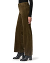 khaki green wide leg velvet style jeans with stitch pocket detailing side view