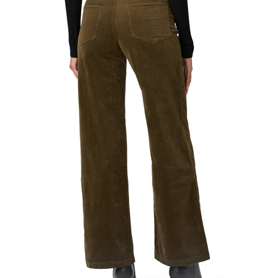 khaki green wide leg velvet style jeans with stitch pocket detailing rear view