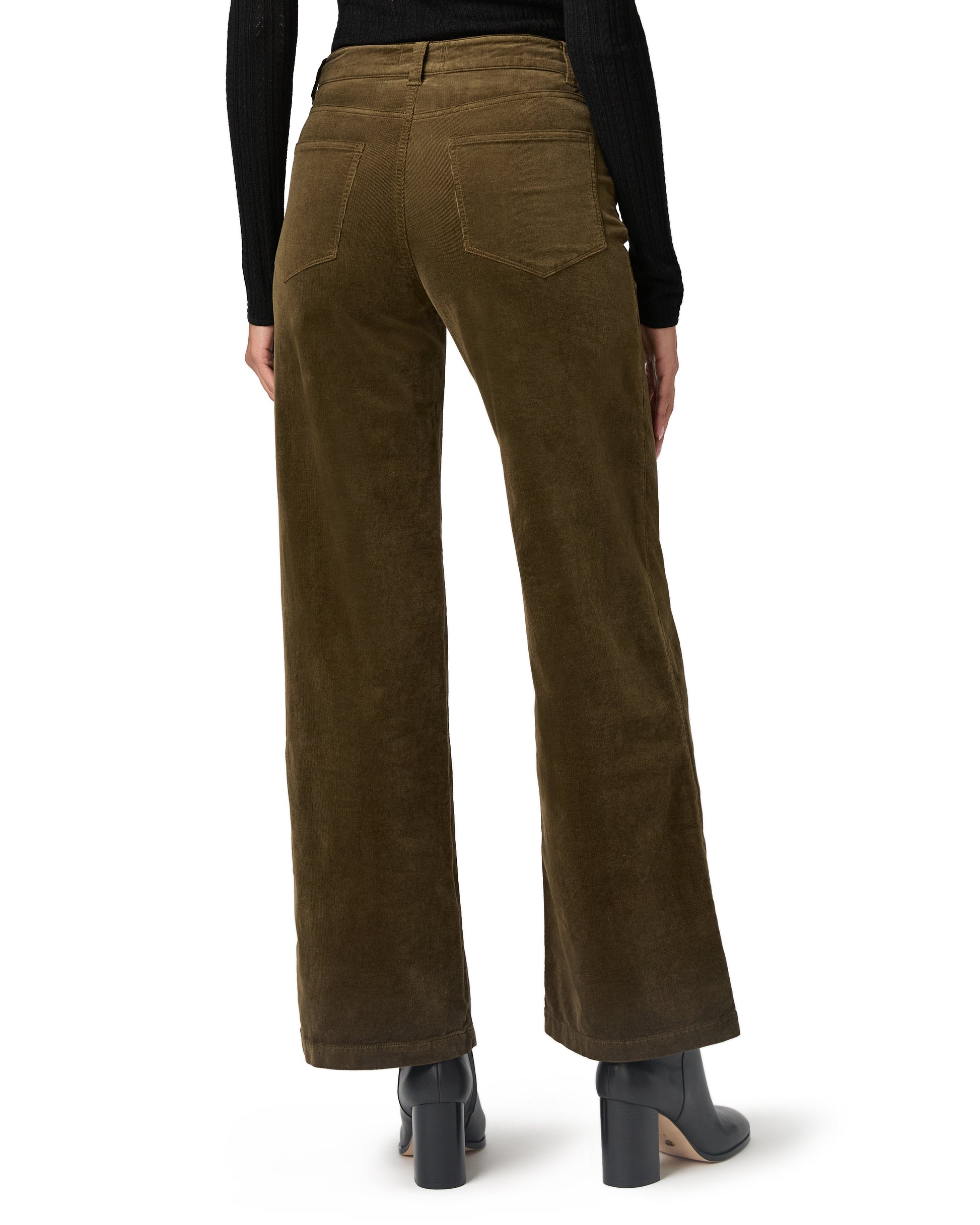 khaki green wide leg velvet style jeans with stitch pocket detailing rear view