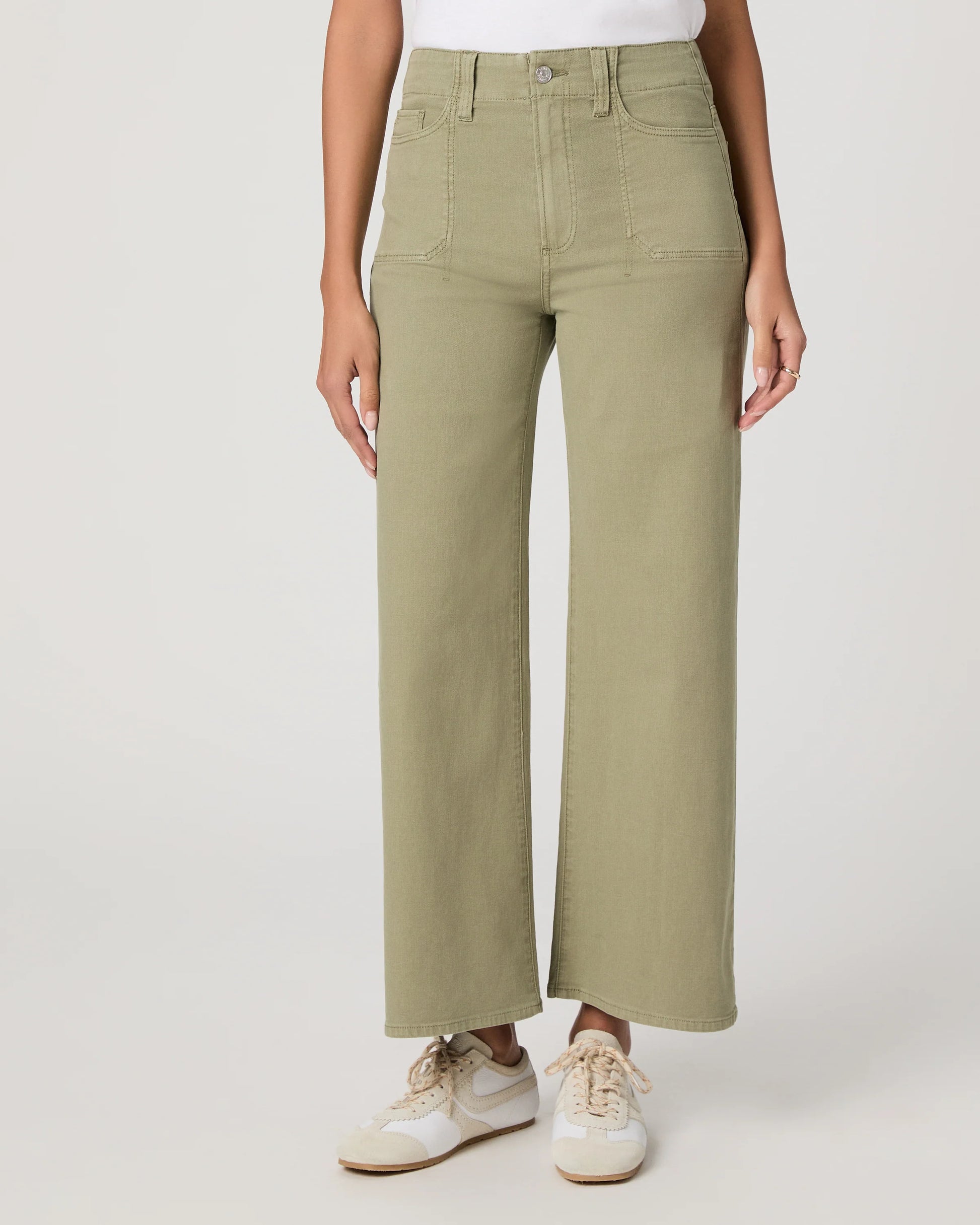 Wide leg moss green ankle length jeans from Paige