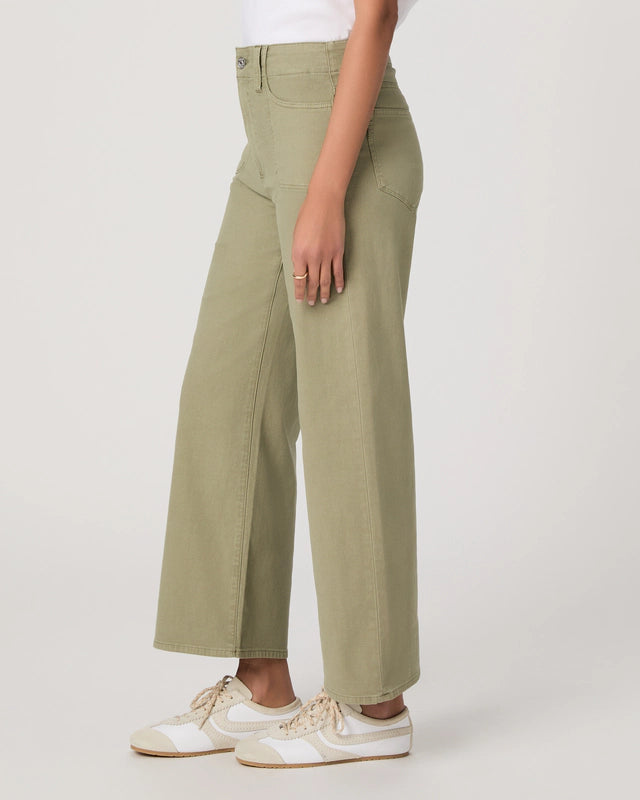 Side view of moss green ankle length jeans