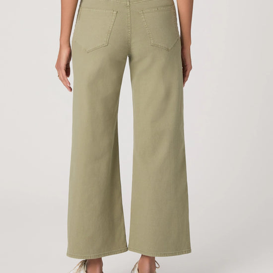 Rear view of moss green trousers from Paige
