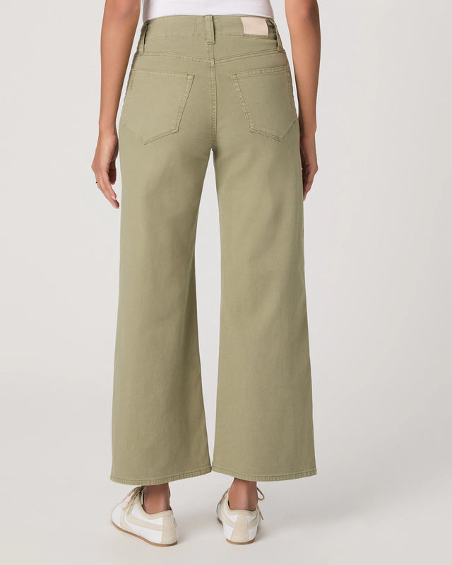 Rear view of moss green trousers from Paige