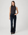 navy velvet corduroy bootcut jeans with high rise and slit pockets model shot