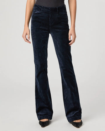 navy velvet corduroy bootcut jeans with high rise and slit pockets