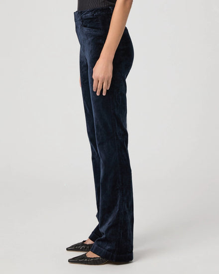 navy velvet corduroy bootcut jeans with high rise and slit pockets side view 