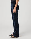 navy velvet corduroy bootcut jeans with high rise and slit pockets side view 