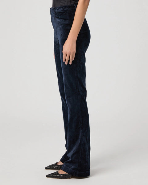 navy velvet corduroy bootcut jeans with high rise and slit pockets side view 