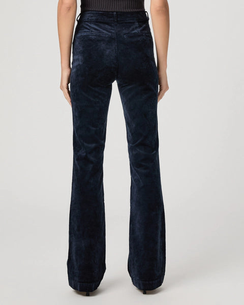 navy velvet corduroy bootcut jeans with high rise and slit pockets rear view