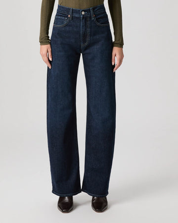 dark blue barrel leg jeans from paige