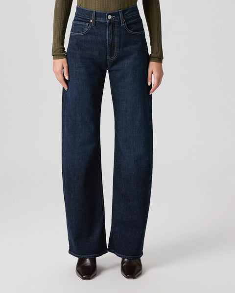 dark blue barrel leg jeans from paige