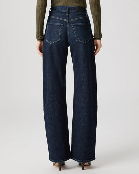 dark blue barrel leg jeans from paige rear view