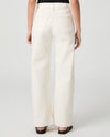Person wearing white Paige jeans on a plain background rear view
