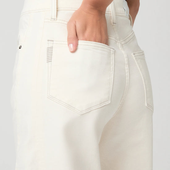 Close-up of white Paige jeans with a plain background