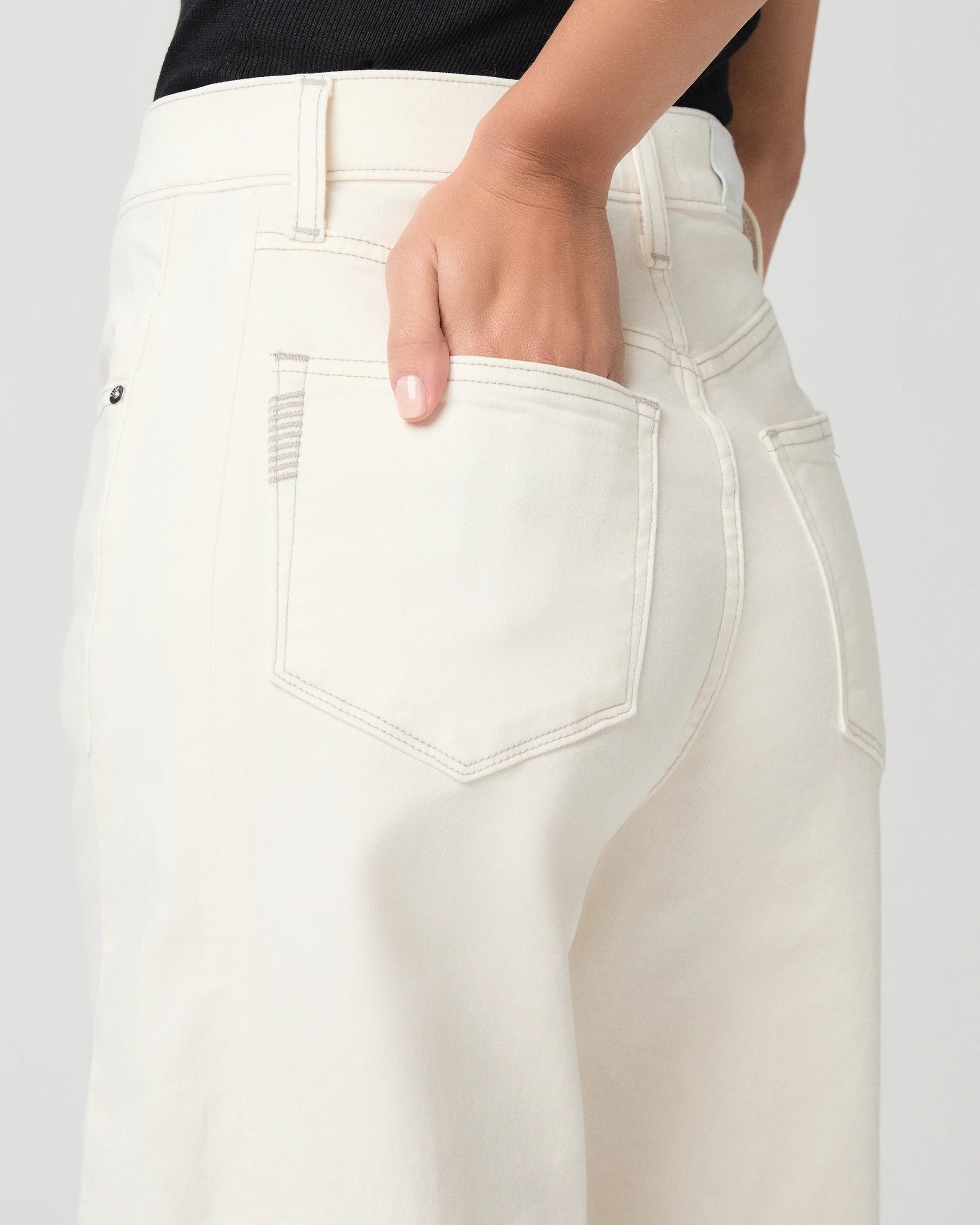 Close-up of white Paige jeans with a plain background