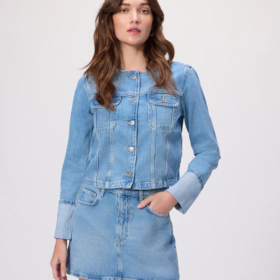 Pale wash collarless denim jacket from Paige
