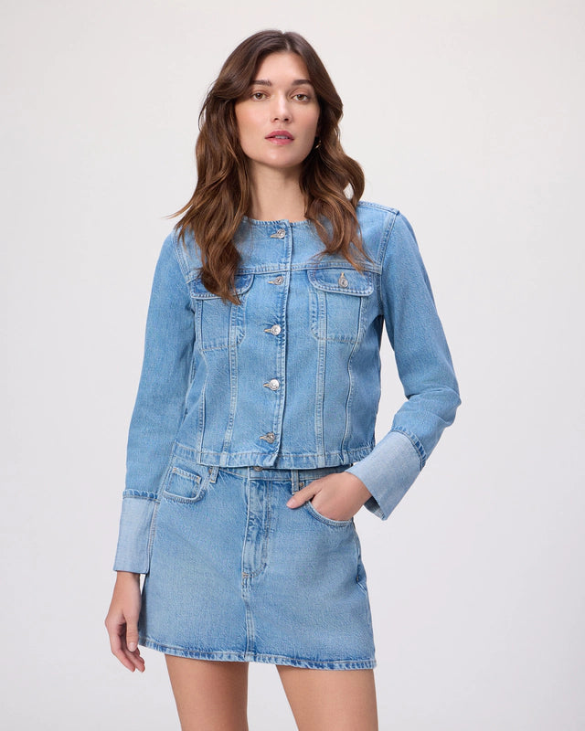 Pale wash collarless denim jacket from Paige