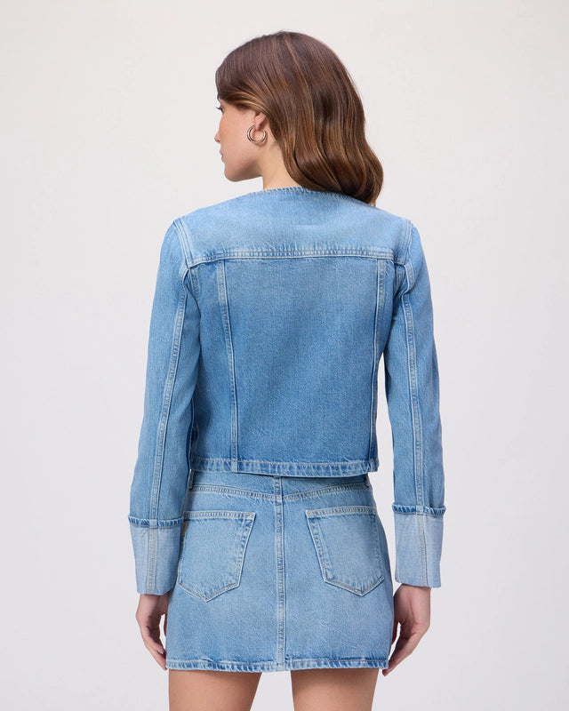 Rear view of pale wash denim jacket from Paige