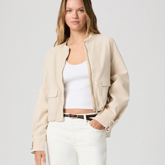 Cream collarless jacket with drawstring hem detail from Paige