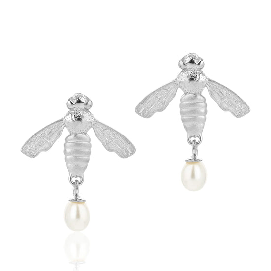 Silver flying bee stud earrings with butterfly fastening and teardrop pearl