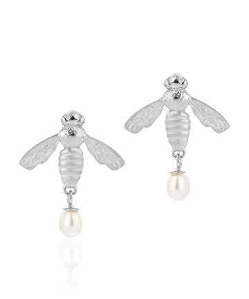 Silver flying bee stud earrings with butterfly fastening and teardrop pearl