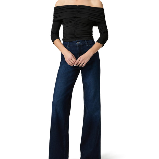 navy blue wide leg long jeans from paige model shot