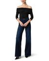 navy blue wide leg long jeans from paige model shot