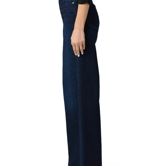 navy blue wide leg long jeans from paige side view