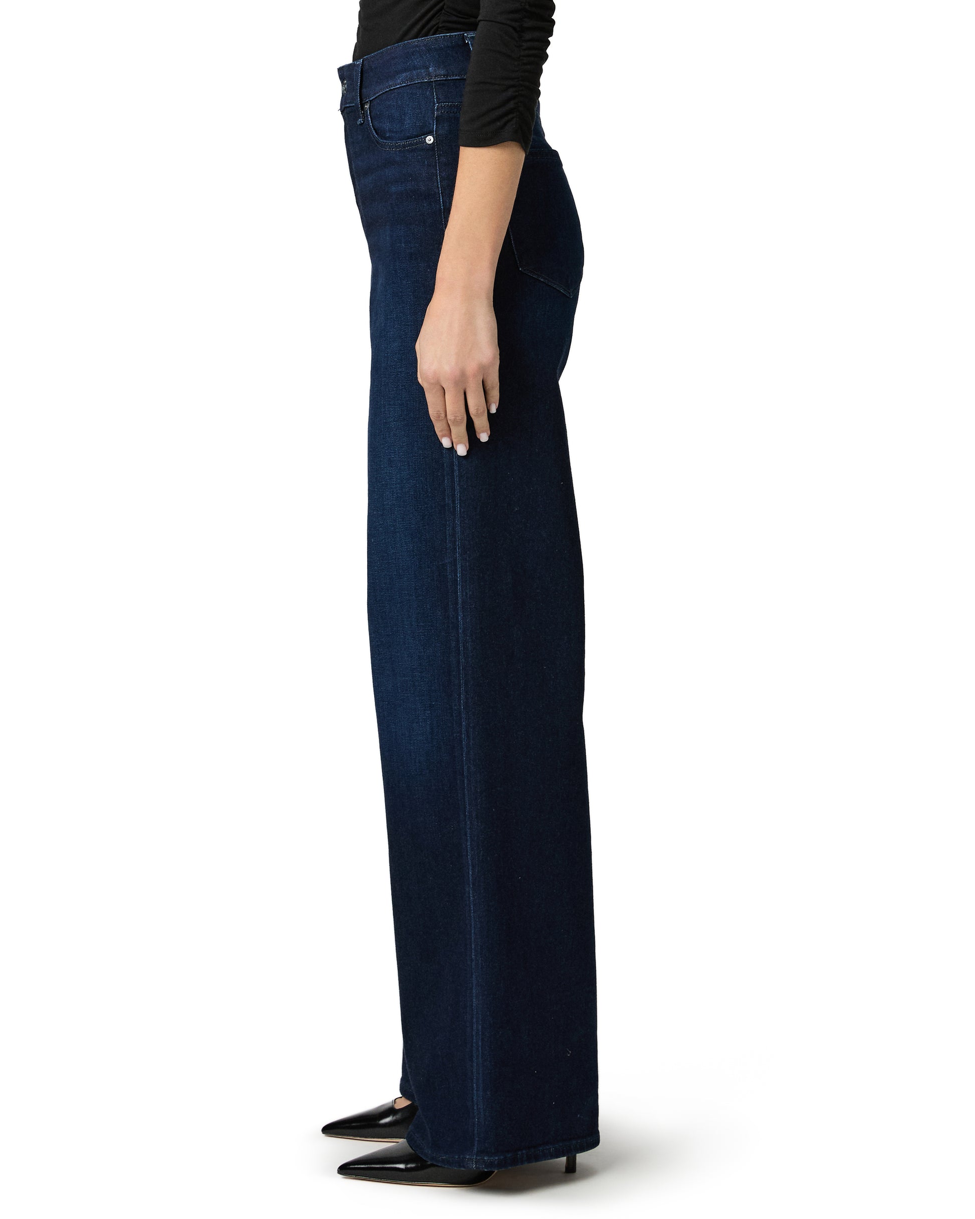 navy blue wide leg long jeans from paige side view