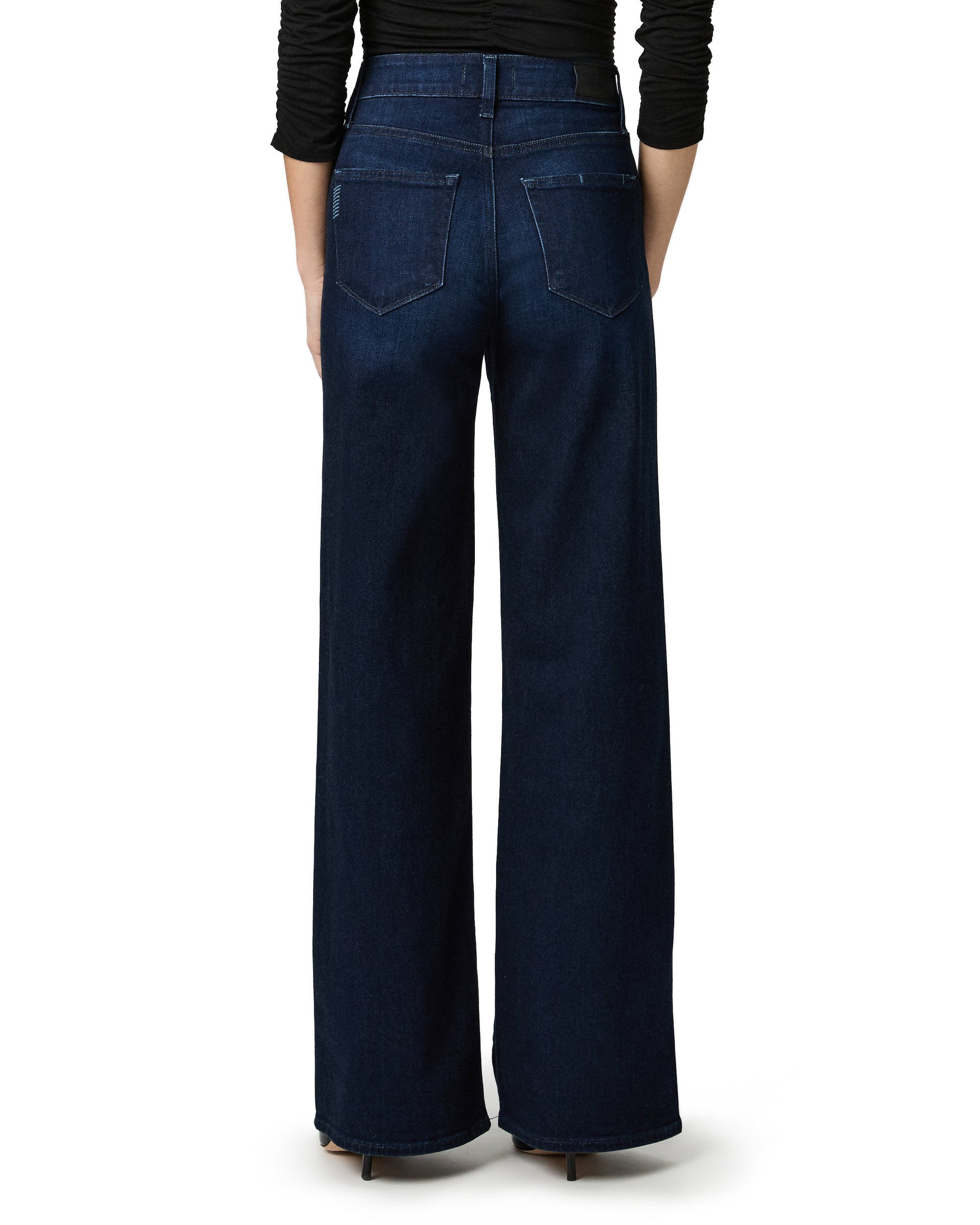 navy blue wide leg long jeans from paige rear view
