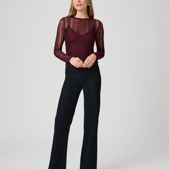 boot cut navy jeans with welt pockets from paige model shot