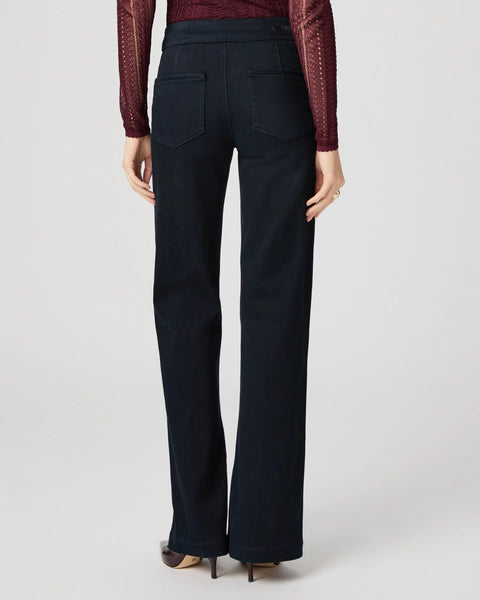 boot cut navy jeans with welt pockets from paige rear view