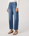 Person wearing blue jeans on a plain background