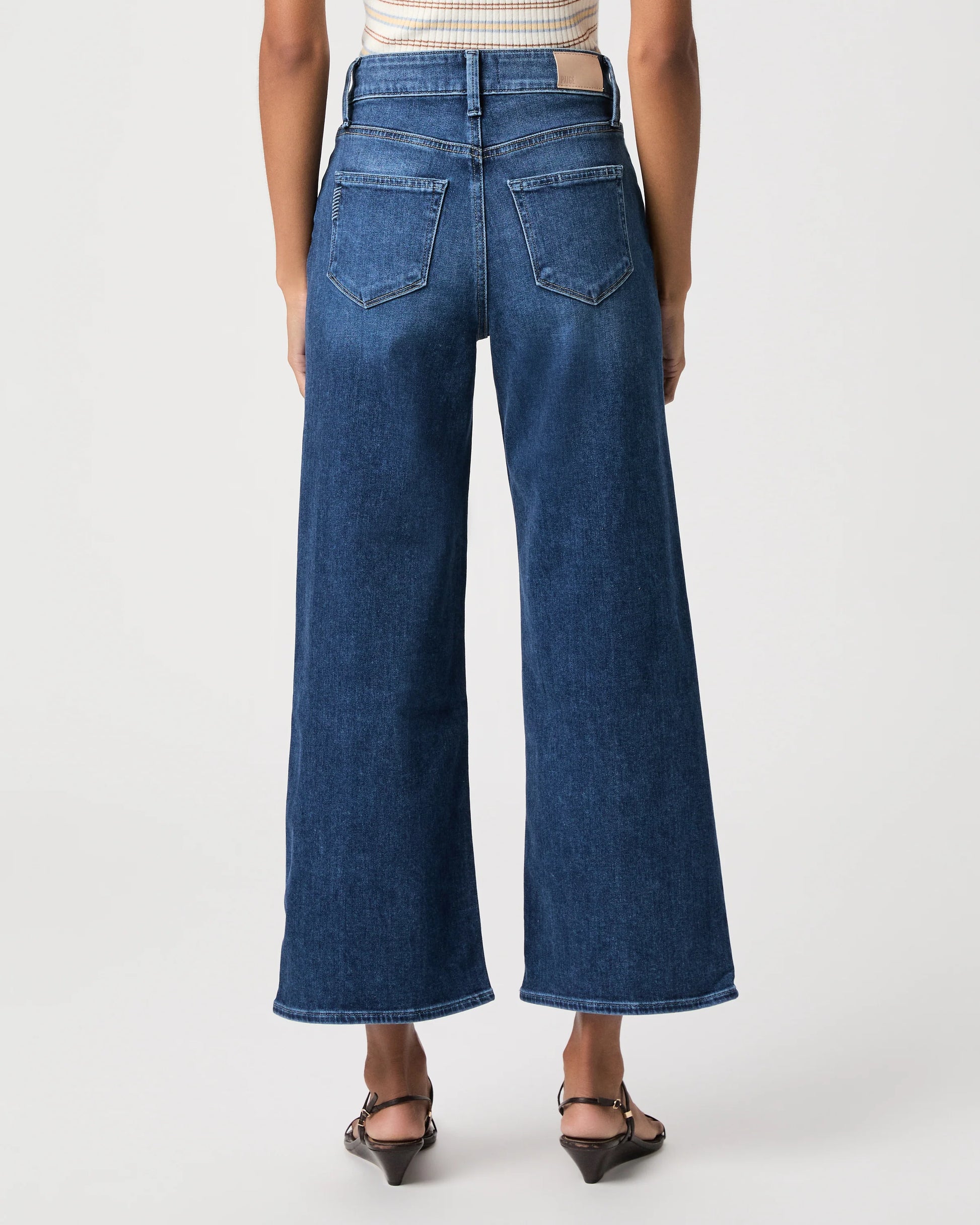 A model shown from the back wearing a pair of wide-leg cropped blue denim jeans, paired with a striped top and dark brown heeled sandals, against a light gray studio background.