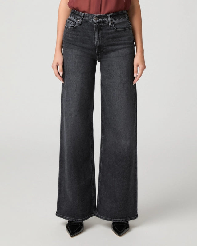 A model wearing a pair of wide-leg dark gray denim jeans, paired with a rust-colored top and black pointed shoes, photographed against a neutral light gray studio background.