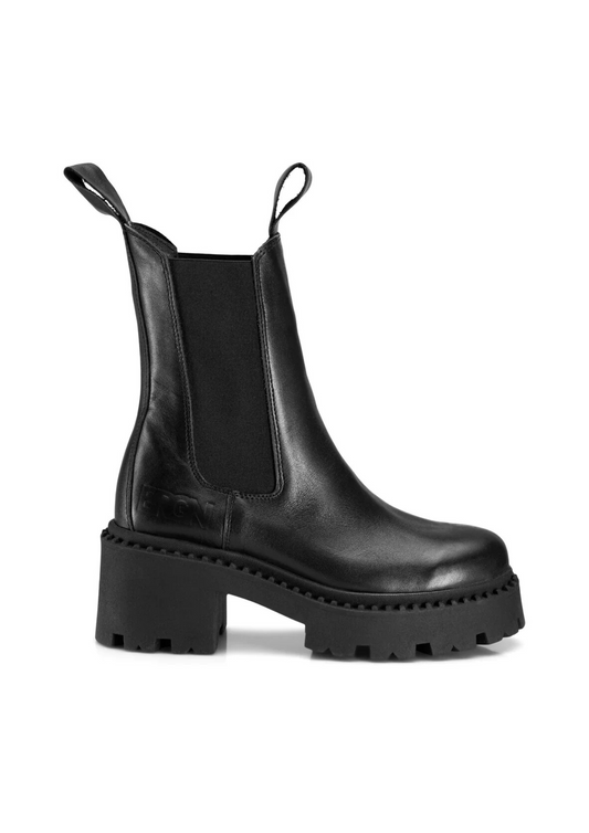 Black leather chunky platform leather chelsea boots with pull on tabs