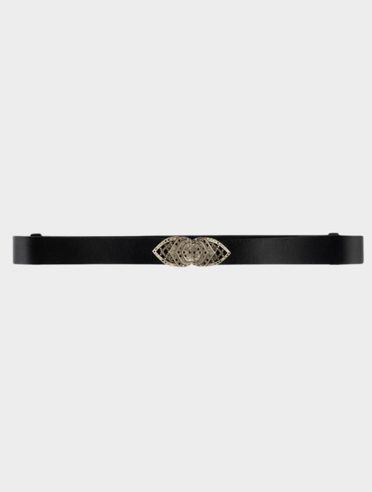 Black leather belt adjustable at the back with a gold metallic buckle that clips at the front with small crystals