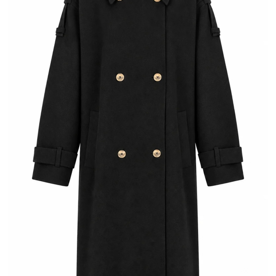 A black double-breasted trench coat with gold-tone buttons, shown flat against a solid white background.
