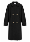 A black double-breasted trench coat with gold-tone buttons, shown flat against a solid white background.