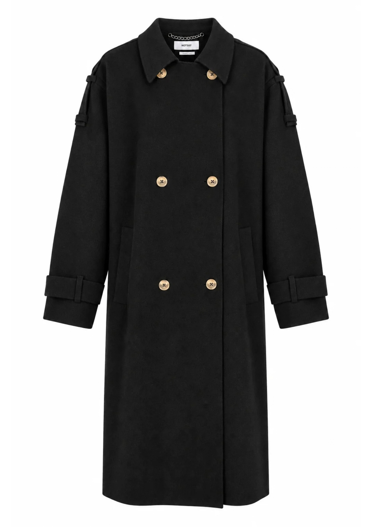 A black double-breasted trench coat with gold-tone buttons, shown flat against a solid white background.