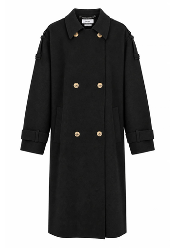 A black double-breasted trench coat with gold-tone buttons, shown flat against a solid white background.