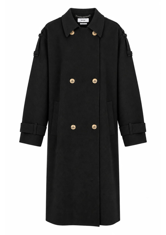 A black double-breasted trench coat with gold-tone buttons, shown flat against a solid white background.